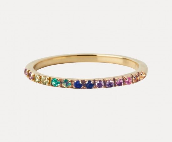Otiumberg, „Rainbow Ring“ mit Citrin, rosa Saphir, lila Amethyst, blauem Saphir, grünem Smaragd und hellgrünem Peridot, ca. 350 Euro