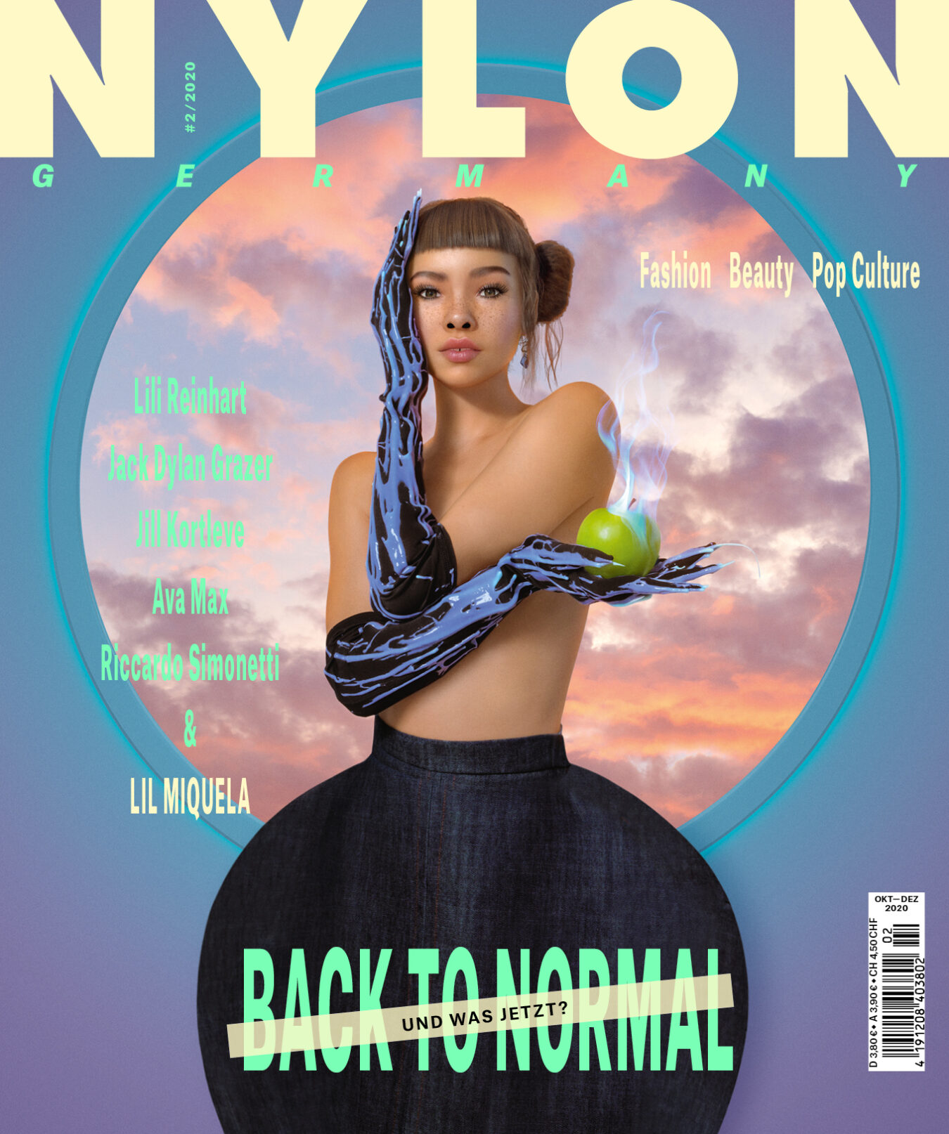 Magazincover NYLON Germany Lil Miquela Frau hält brennenden Apfel steht vor Himmel